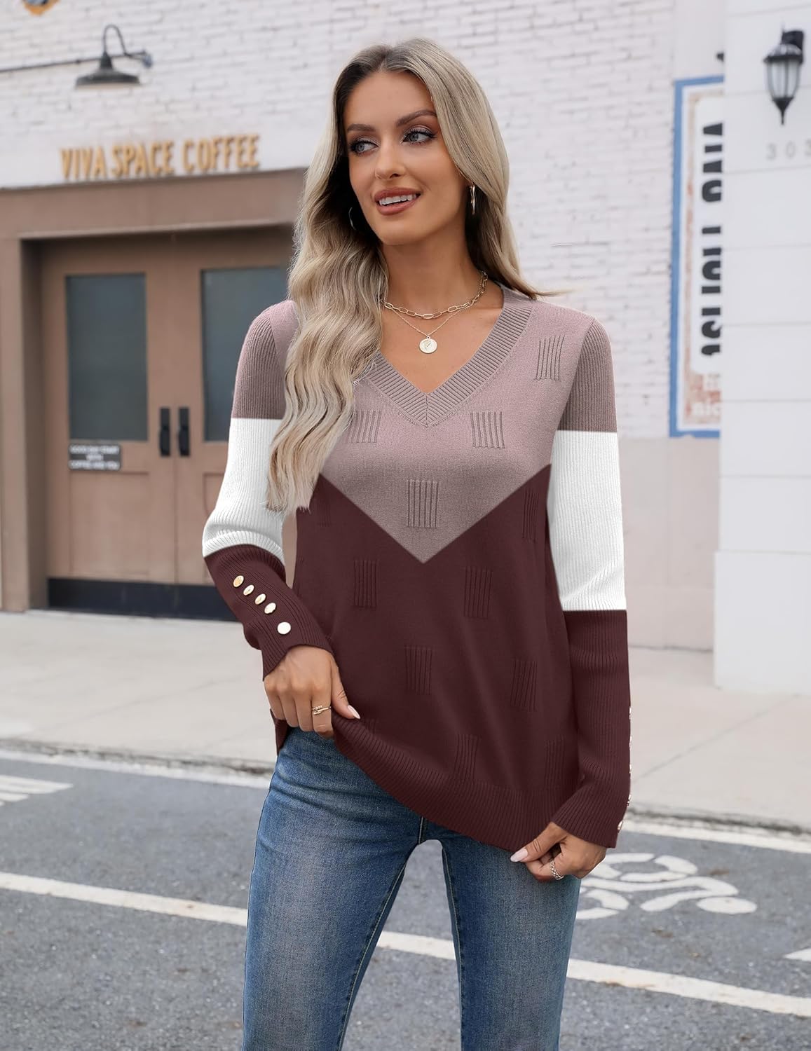 Zeagoo Womens V Neck Sweaters Shirts Long Sleeve Lightweight Ribbed Knit Pullover Sweater Blouse Tops with Buttons Oufits - Image 5