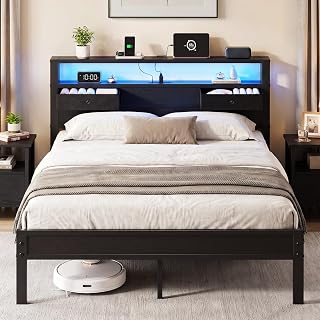 Queen Size Bed Frame with 2 Fabric Drawers and Storage Headboard | 2-Tier Wood Shelf, Type C USB Charging Station, LED Light, Metal Platform Bed, Noise Free, No Box Spring, Easy Assembly