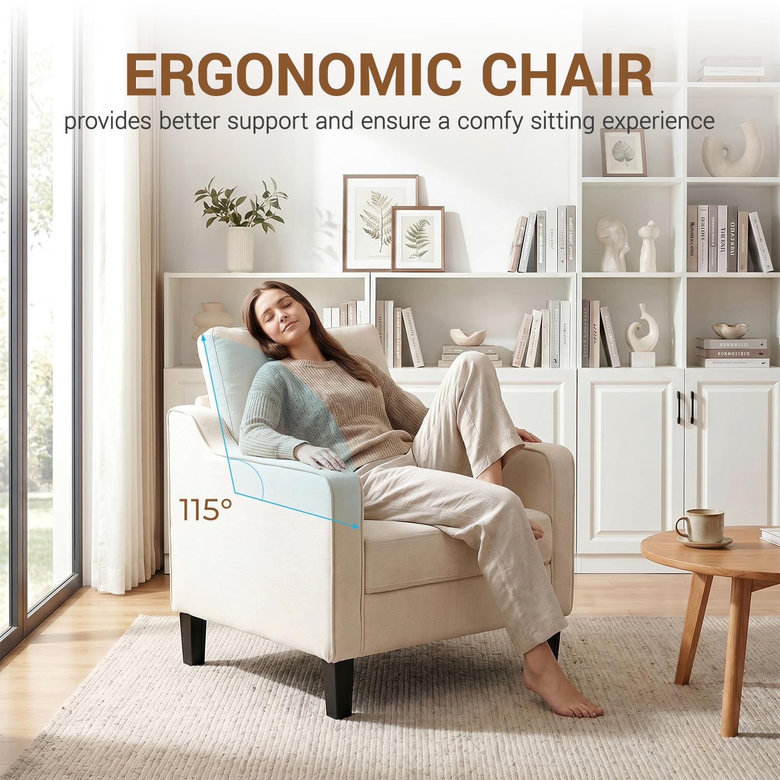 Clevich Poltrona Salotto In Ciniglia Stile Retrò E Schienale Gambe In Legno Poltrona Imbottita Con Braccioli Relax Per Salotto Soggiorno Caffè Camera Da Letto (1pc, Beige)