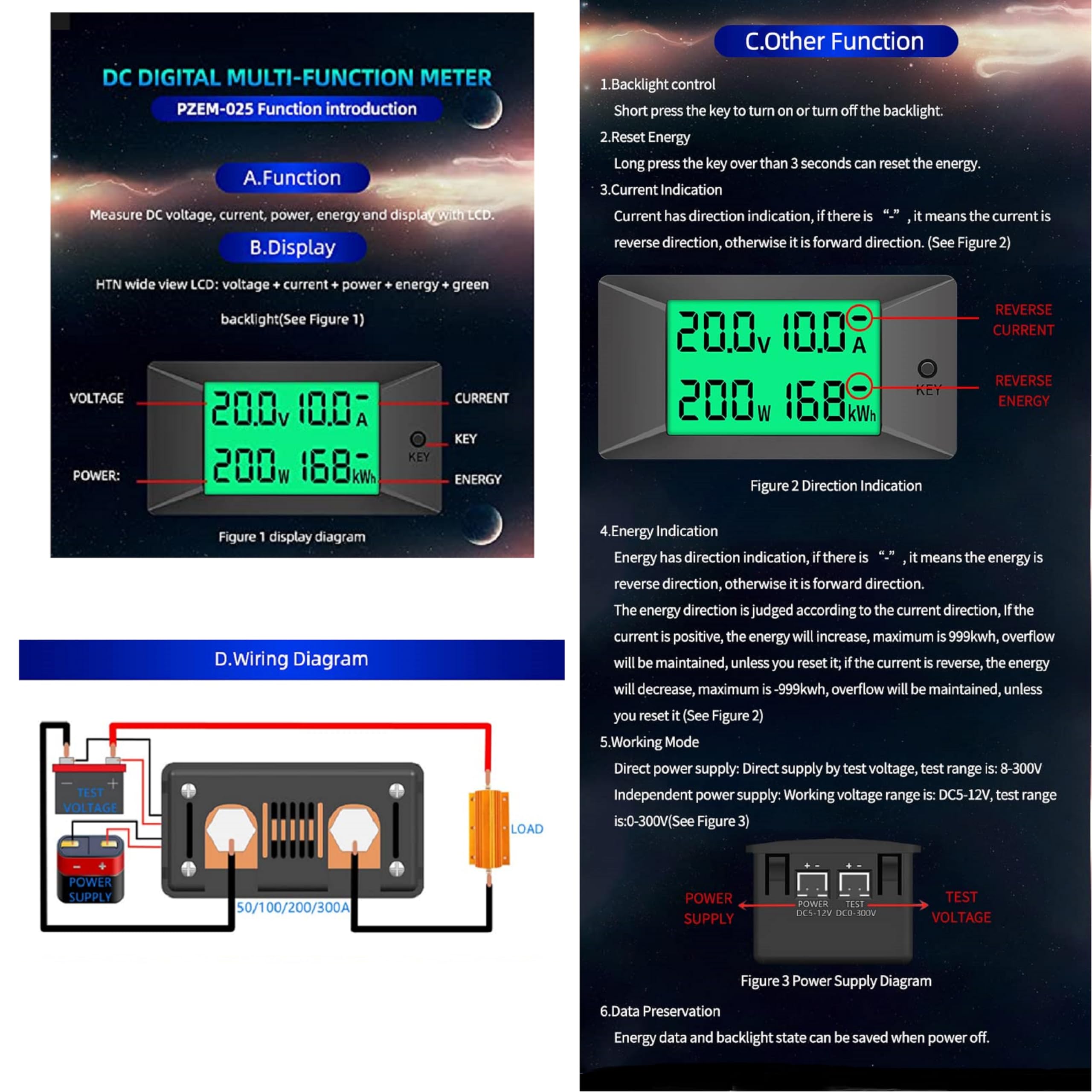 DC 300A Compteur Moniteur de Batterie, PZEM-025 Ampèremètre Voltmètre Numerique, Smart Shunt Puissance Wattmètre Ampéremètre pour batterie Voitures RV Système solaire Protection des circuits (300V)
