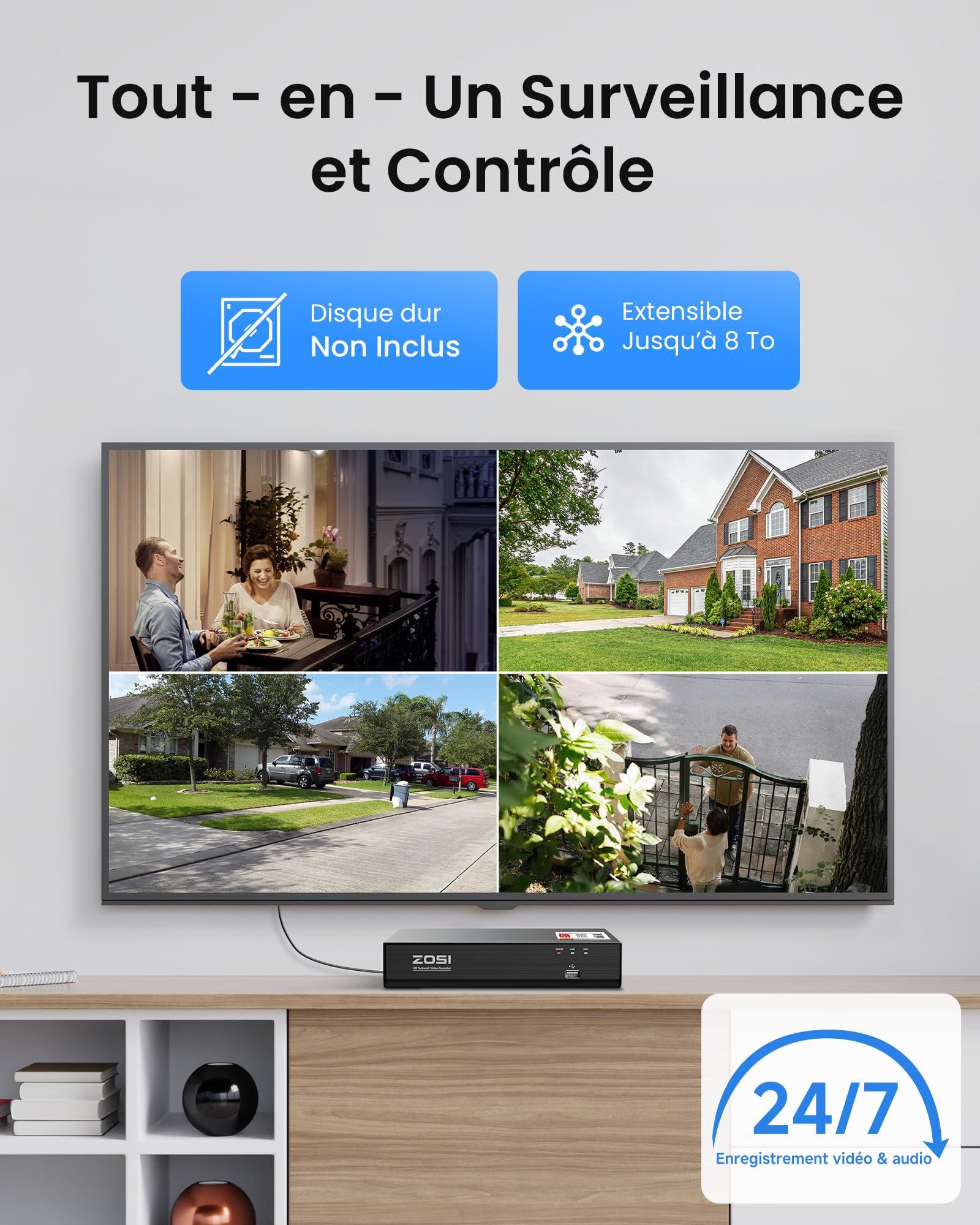 ZOSI 4K Kit Vidéo Surveillance PoE Extérieure Caméra IP et NVR 8MP sans HDD | Détection de Personne, et Alerte Instantanée, Accès à Distance, Vision Nocturne et Enregistrement 24/7
