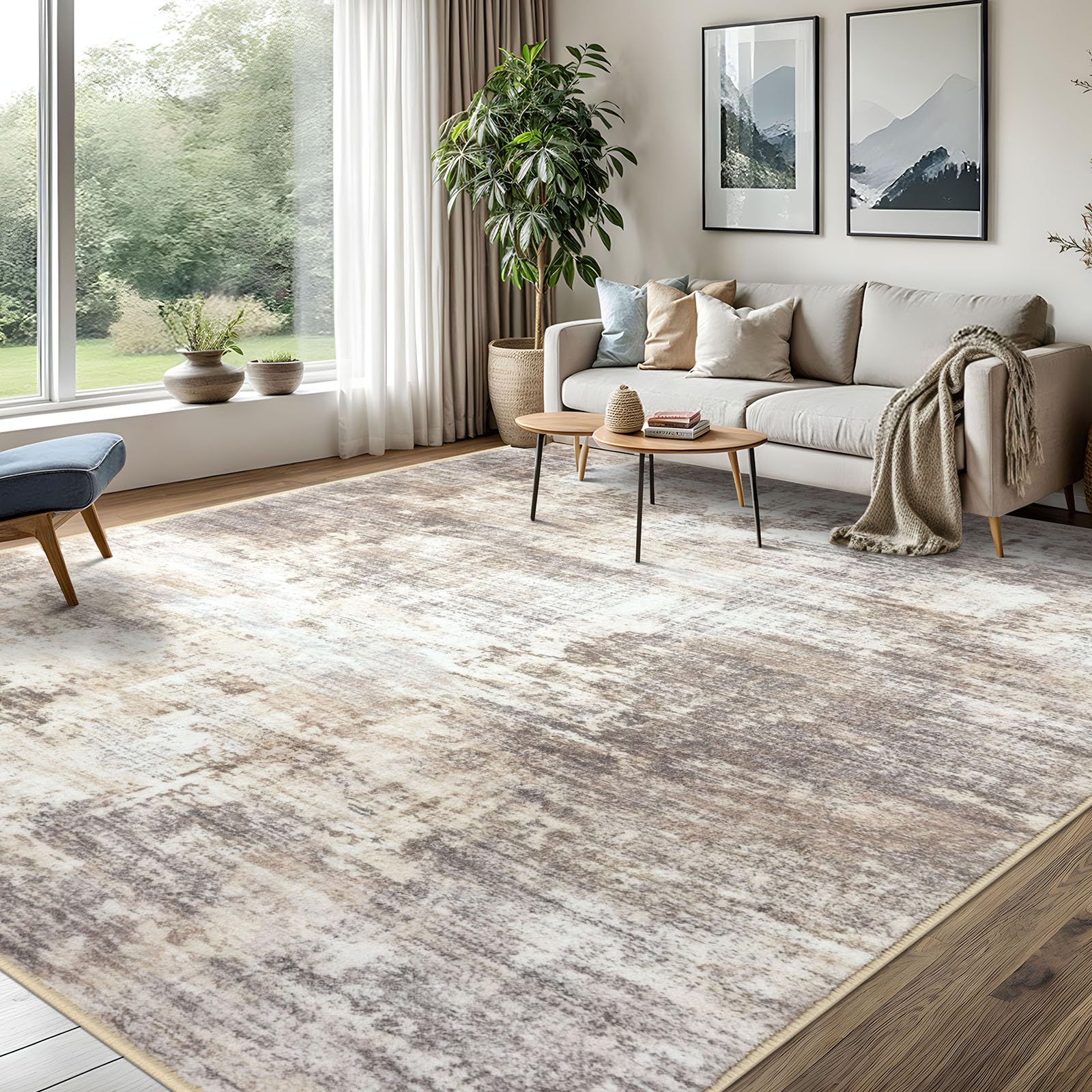 IOHOUZE Abstract Area Rugs 8x10 Ft Washable Large Rugs for Living Room, Non Slip Dining Room Rug, Printed Faux Wool Rugs for Bedroom, Floor Carpet for Office Nursery Playroom, Beige Brown