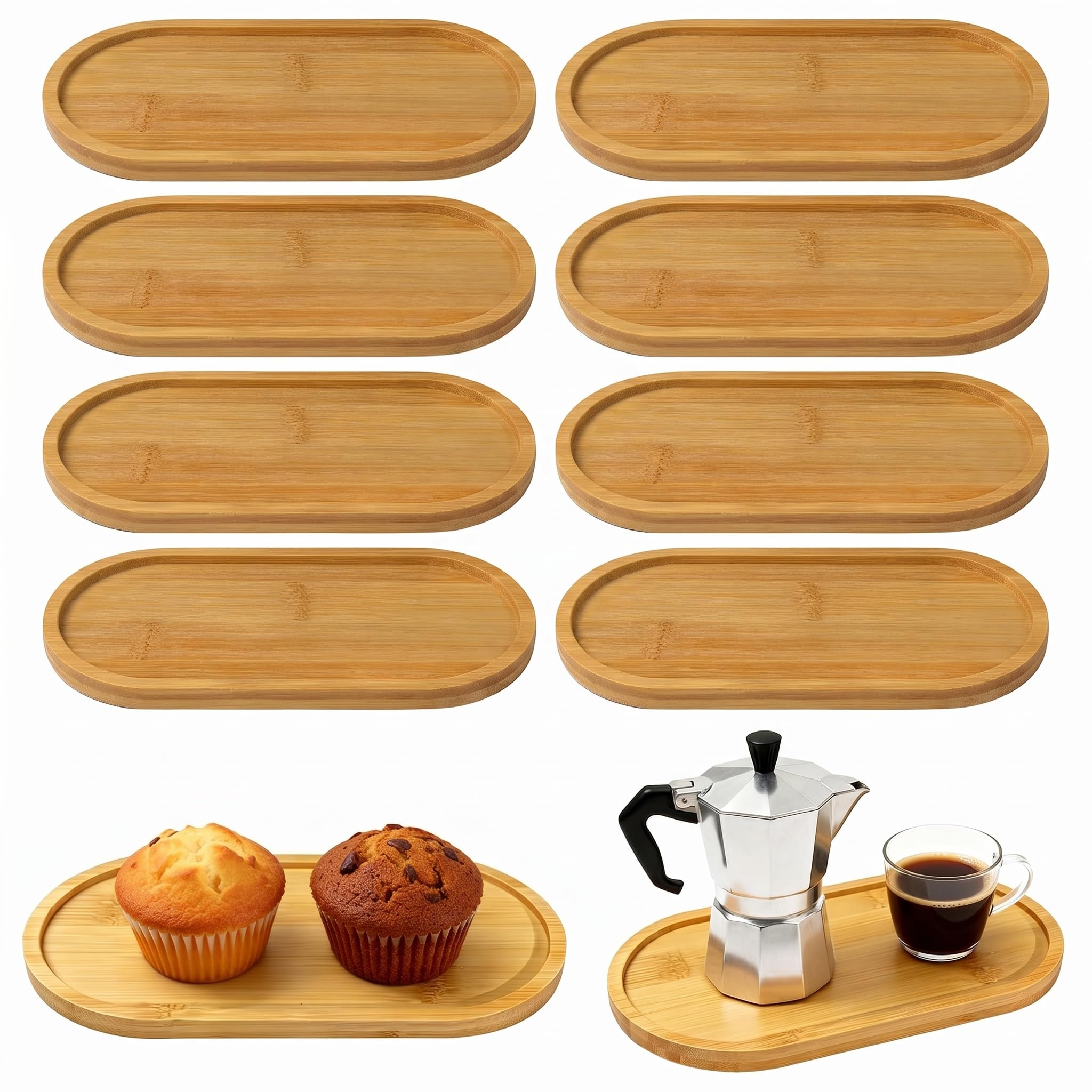 8 Pcs Oval Bamboo Tray, Small Wooden Tray Multi-Functional Wood Serving Trays Oval Soap Tray Soap Dispenser Wooden Plate for Tea Fruit Snacks Jewelry Ring Cakes Home Decor