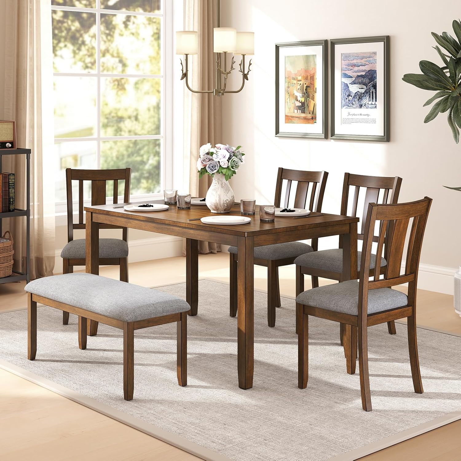 6-Piece Wooden Dining Set, Dining Table & Chair Set for 6, Includes Dining Table, 4 Upholstered Chairs & 1 Bench, Dining Table with Wood Legs, Table Set for Dining Room, Kitchen, Walnut 6-Piece Wooden Dining Set, Dining Table & Chair Set for 6, Includes Dining Table, 4 Upholstered Chairs & 1 Bench, Dining Table with Wood Legs, Table Set for Dining Room, Kitchen, Walnut