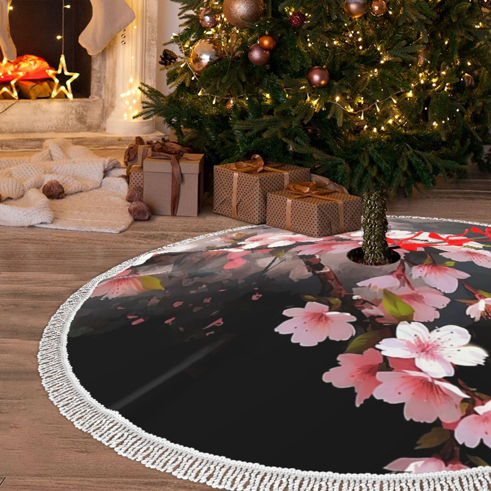 Jupe de sapin de Noël haut de gamme à pompons et fleurs de cerisier