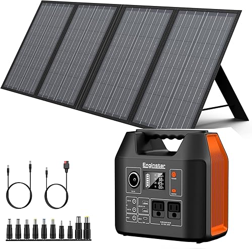 EnginStar Estación de energía portátil, banco de batería de 300 W 296 Wh con onda sinusoidal pura de 110 V, panel solar plegable de 60 W con salida