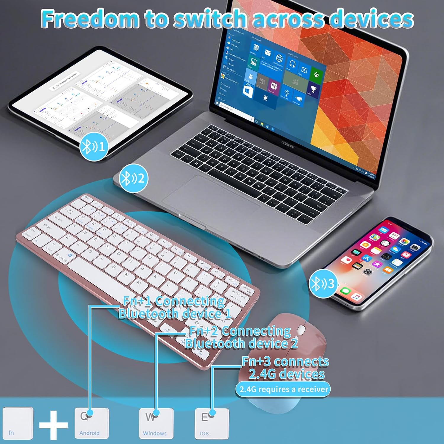 Wireless Bluetooth Keyboard and Mouse Combo – Rechargeable, Quiet Operation, 3-Device Switching – Perfect for Home Office, Gaming, and Travel,Compatible with Windows, Mac, Android (Rose Gold)
