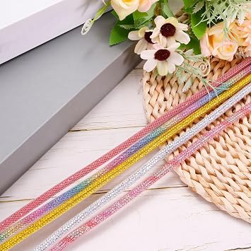 QUARKZMAN 4 mm x 120 cm Rhinestone Tube Rope Bling Crystal Rhinestone Cord for DIY Jumper Sweatpants Decoration Pink Mesh Pink Diamonds