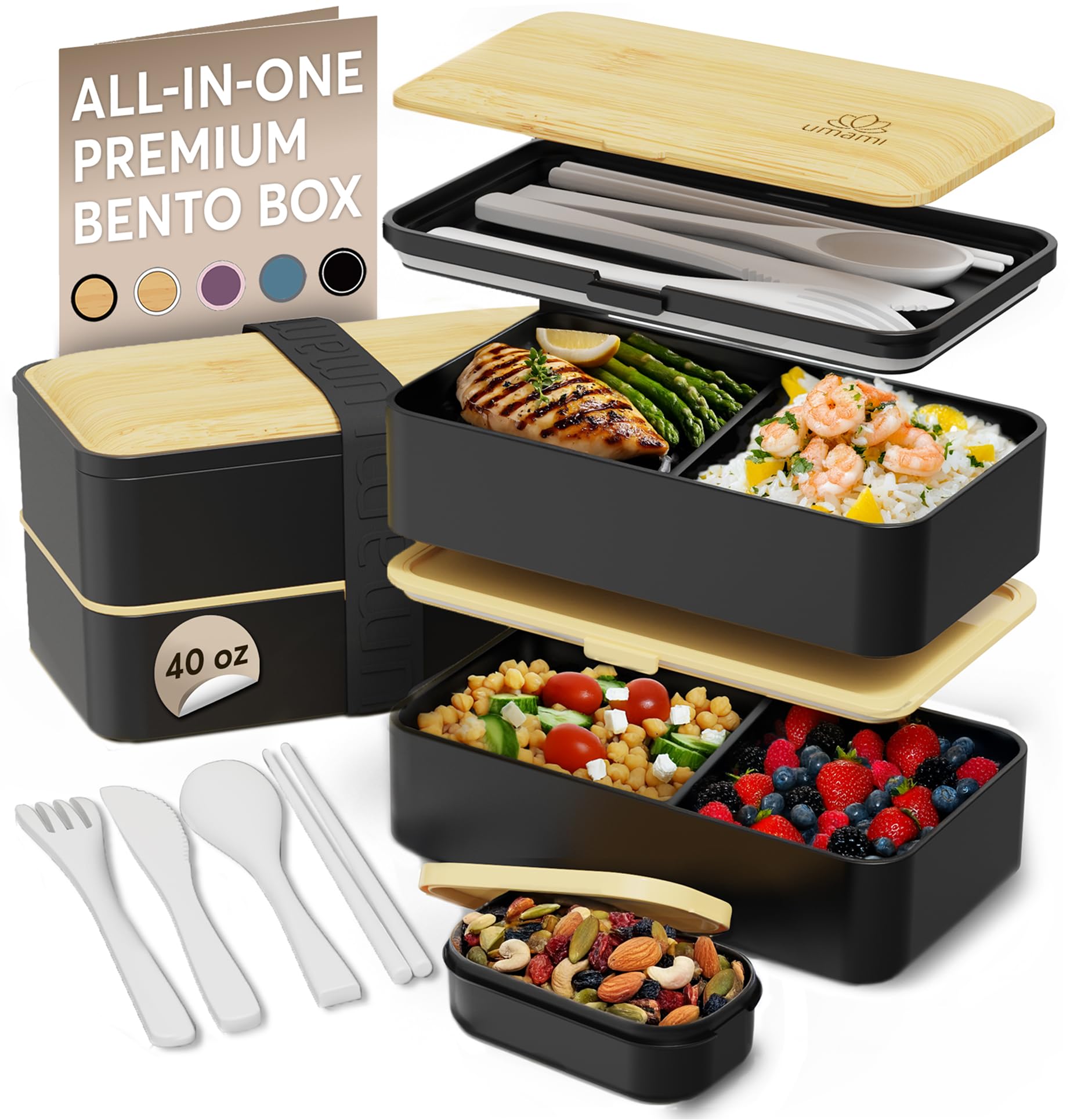 Umami Bento Box for Adult, All-in-One with 4 Cookware, 100% Leak Proof, Microwave & Dishwasher Safe Lunch Container for Adults with 4 Compartments Bento Lunch Box Containers with Premium Genuine