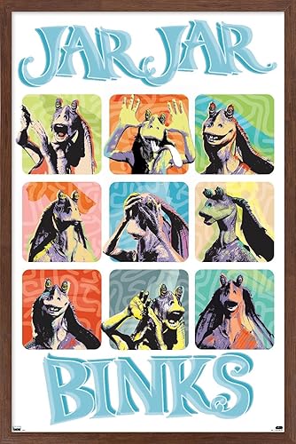 Trends International Star Wars: The Phantom Menace - Jar Jar Binks Grid - Póster de pared Versión enmarcada de caoba,Versión enmarcada