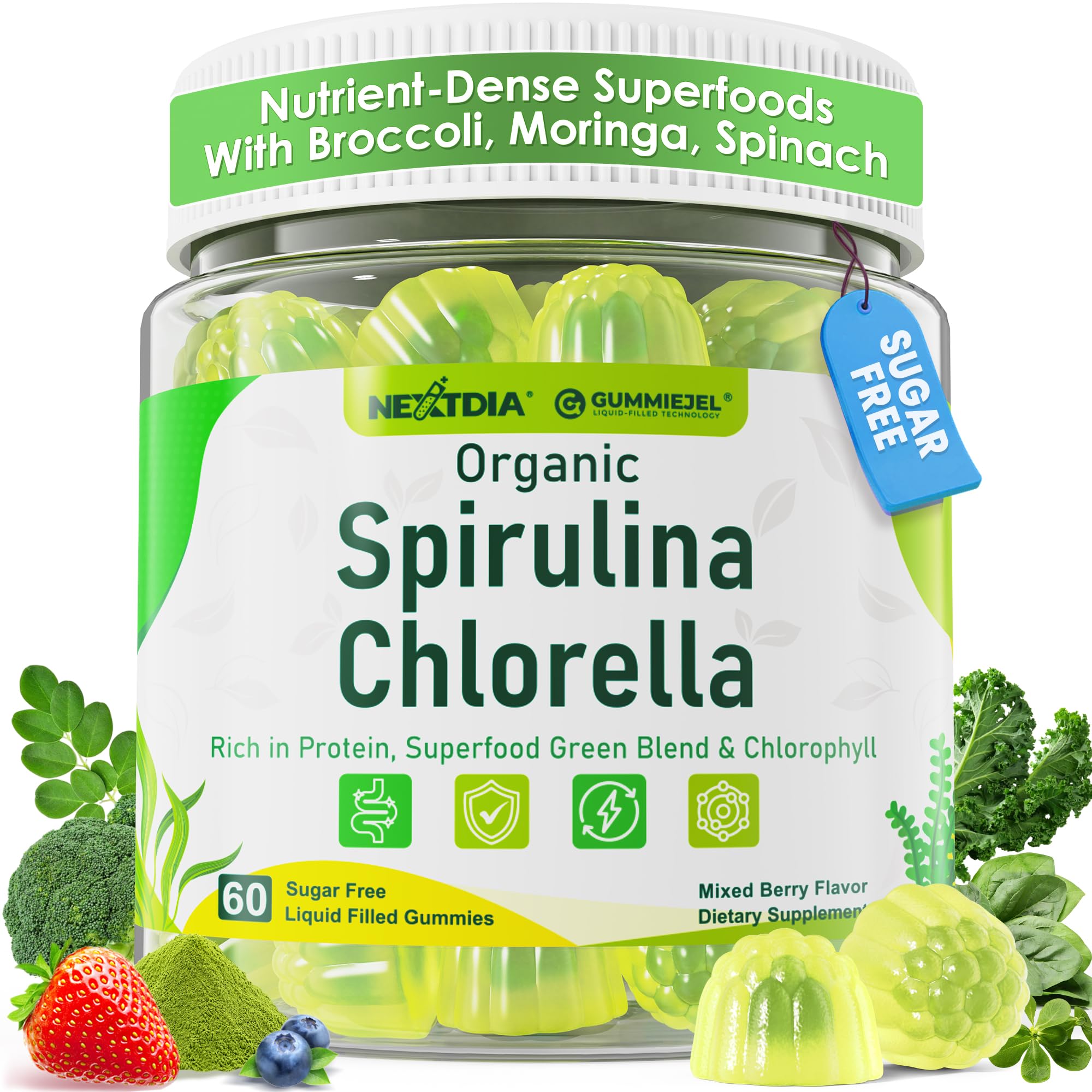 Organic Spirulina Chlorella Gummies + Super Greens, High in Vegan Protein 60 Count (Pack of 1)
