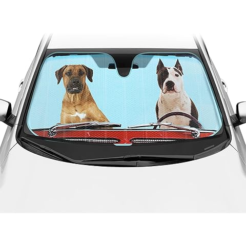 BDK 2 Dogs Driving Folding Car Windshield Sun Shade with 2 Side Car Window Shades for Baby - Cute Jumbo Sunshade for Car to Protect Interior & Keep Your Vehicle Cool 58