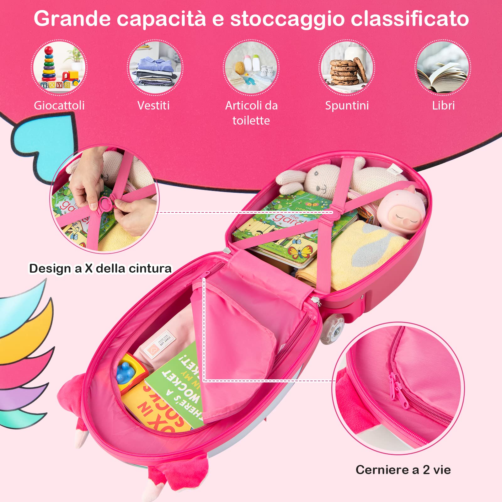 RELAX4LIFE Valigia Trolley 16'' per Bambini con Ruote Lampeggianti e Maniglia Retrattile a 2 Livelli, in Plastica ABS e PC, per Asilo Scuola e Viaggio, 33x22x68,5-83,5cm (cavallo rosa)