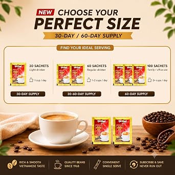 Vinacafe 100 cts 3 in 1 Vietnamese Instant Coffee Gold Red Strong Rich Blend, 100 Sachets (5 Bags of 20 Sachets)