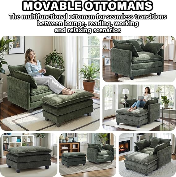 Oversized Accent Chair with Ottoman,Chenille Sofa with Deep Seat and Upholstered Armrests Comfy Oversized Chair,Reading Chairs for Bedroom,Living Room (Green)