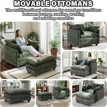 Oversized Accent Chair with Ottoman,Chenille Sofa with Deep Seat and Upholstered Armrests Comfy Oversized Chair,Reading Chairs for Bedroom,Living Room (Green)