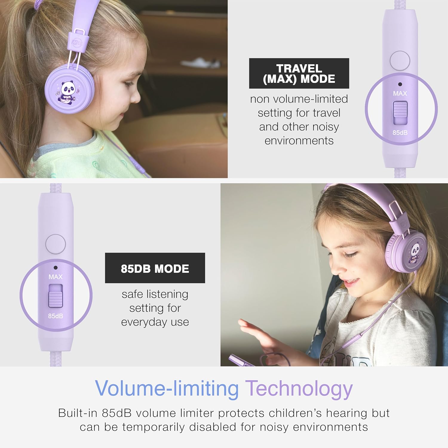 MEE audio KidJamz KJ55 Wired Children’s Headphones with 3.5mm Plug, Colorful Graphics, Volume Limiter & Microphone, Adjustable On-Ear Kids Headset for Online Learning/School/Travel/Tablet (Lavender)