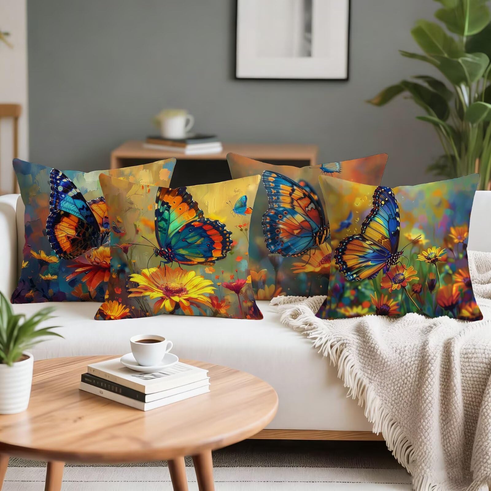 Coussin Canape Papillons Coussin Exterieur Lot de 4 Taie Oreiller, Coussins Décoratifs Jaune Coussins Canapé Velours Housse Oreiller Impermeable, Deco Jardin Exterieur, Deco Printemps, 35x35cm, o-399