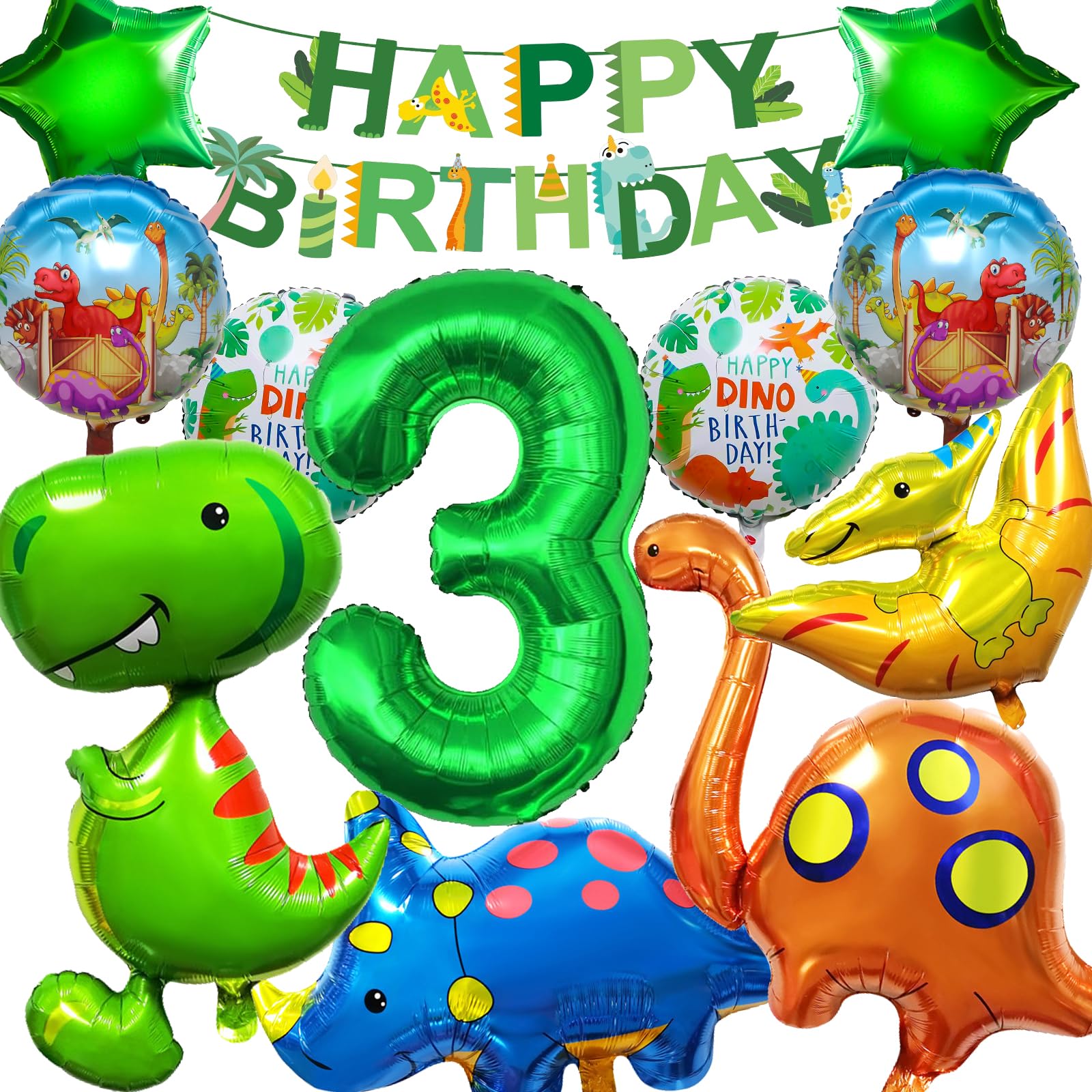 Hierein Dinosaurios Globos de Cumpleaños 3 Años, XXL Dinosaurio Decoración Cumpleaños, 12 Piezas Globos de Papel de Alumini Dino para 3 Años Niños, Selva Decoraciones Cumpleaños de Fiesta