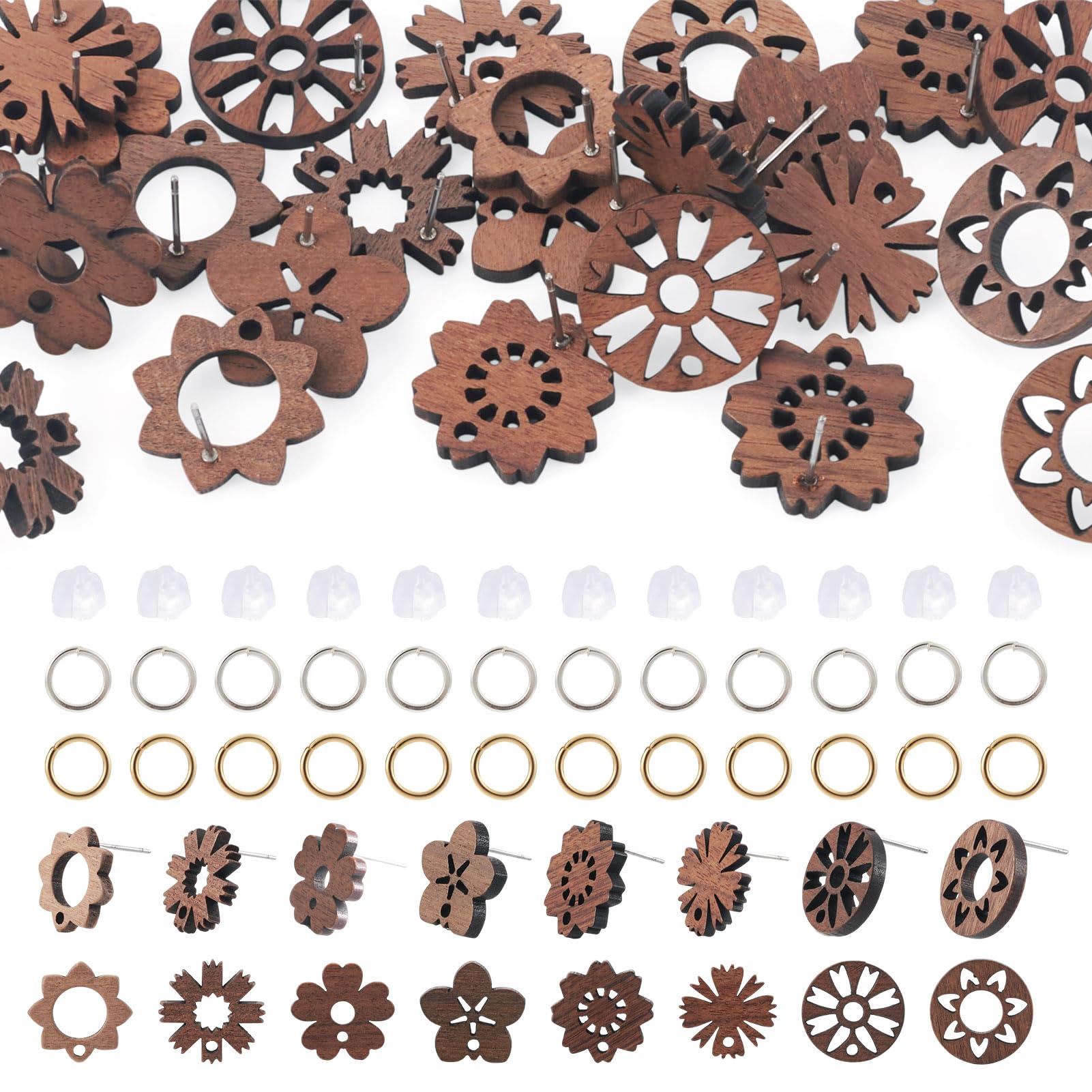 PH PandaHall 32Pcs Wood Stud Earring Findings Flower Earring Posts for Jewelry Making with 50pcs Earring Backs & 100Pcs Jump Rings, 1 Box