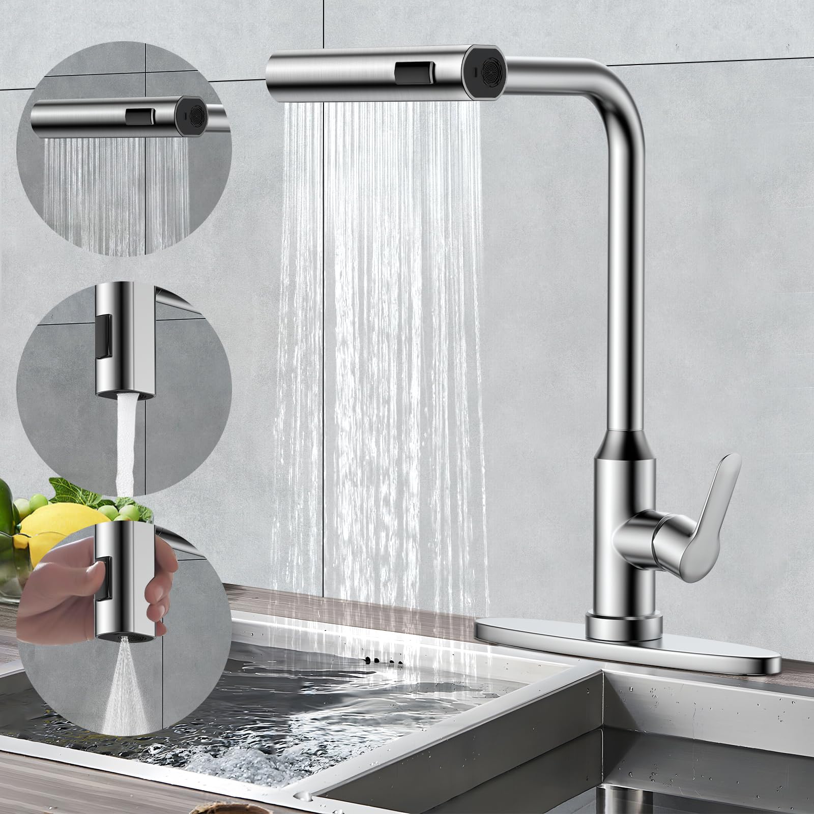 TEKXDD Removable Kitchen Tap, Waterfall Kitchen Tap with 3 Adjustment Modes, 360° Rotatable Single Lever Sink Mixer with High Spout, Stainless Steel, Cold and Hot Water Adjustable