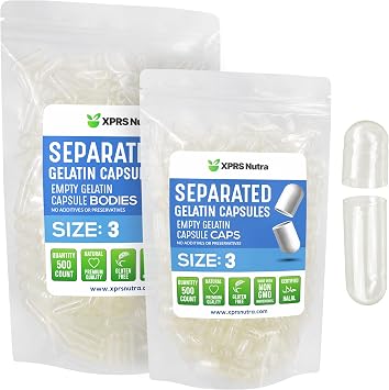 XPRS Nutra Gelatin Size 3 Separated Capsules - 500 Count Clear Empty Capsules Separated in Bags - Size 3 Gelatin Pills Fillable Gel Caps for Do-It-Yourself Supplement Filling
