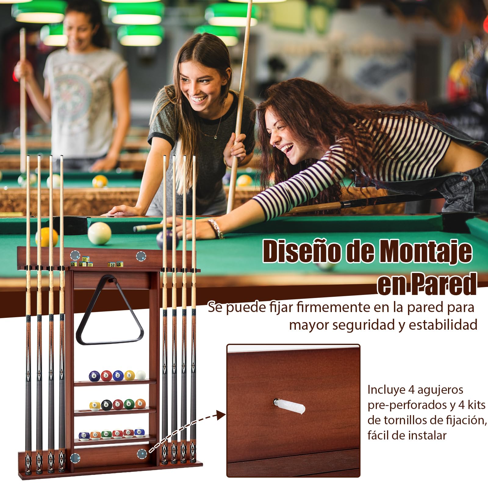 GOPLUS Soporte para Tacos de Billar de Madera de Pino, Soporte para 8 Tacos, 15 Bolas de Billar y Accesorios de Billar, Taquera Billar para Sala de Billar, Bar, Club, Montaje en Pared (Marrón)