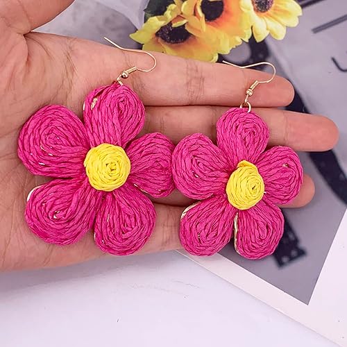 Vista 2 de SELOVO Pendientes colgantes de ratán con flores de rafia