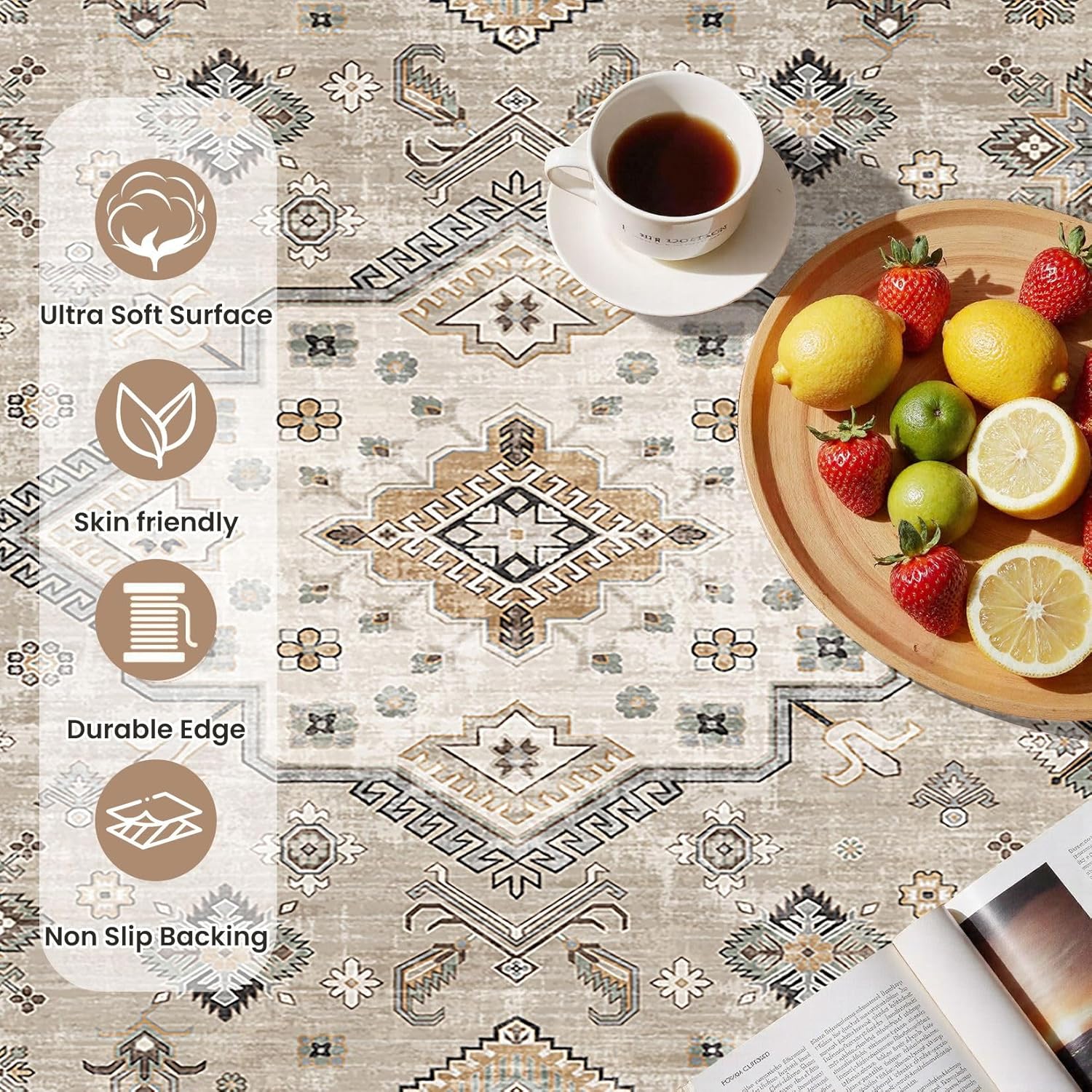 Vintage Living Room Area Rug 2x3 - Large Soft Washable Oriental Traditional Distressed Farmhouse Rugs for Bedroom - Indoor Floor Accent Carpet for Home Office House Decor - Beige
