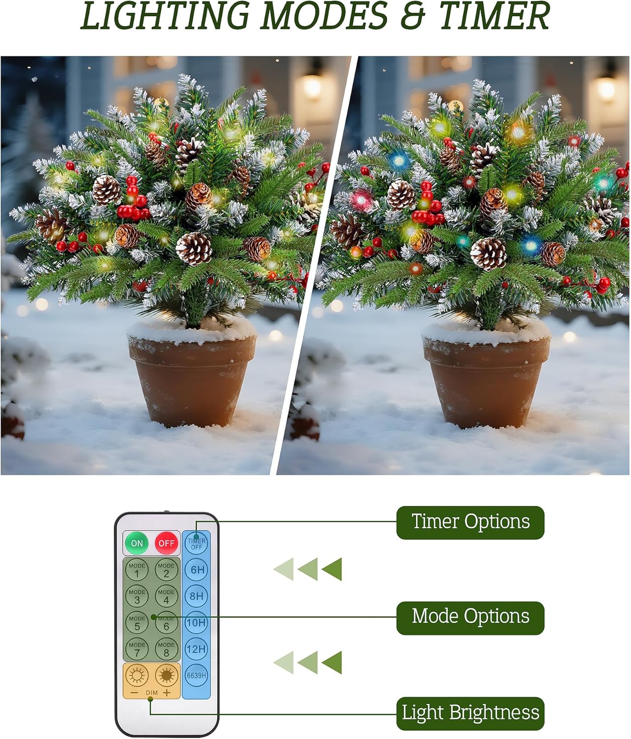 Set of 2 Christmas Planter/Urn Fillers Outdoor Front Porch, Artificial Prelit Christmas Tree with Remote, Holiday Pot Fillers with Timer, Multi-Color Lights, Outdoor Christmas Decorations Yard