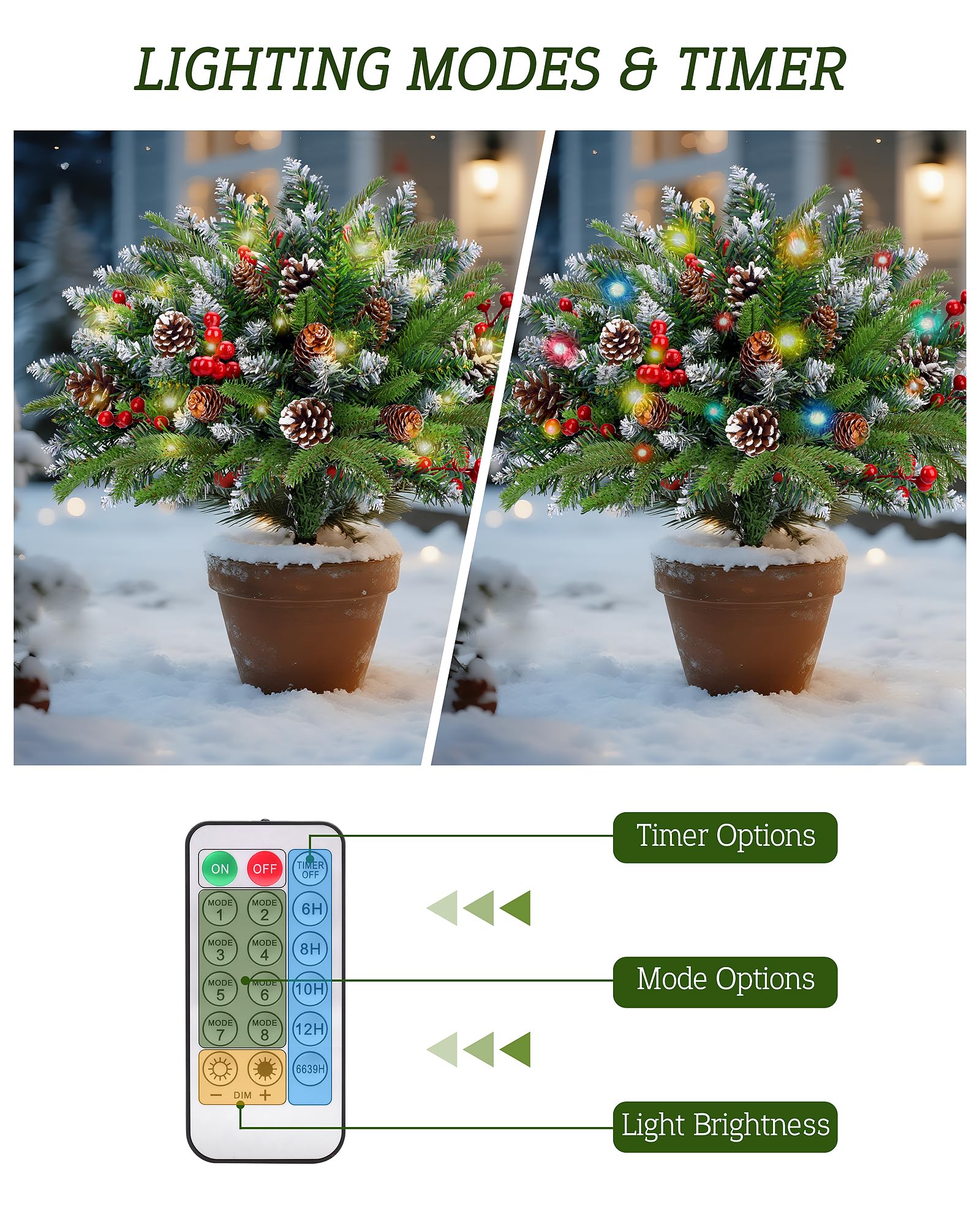 Juego de 2 rellenos de macetas de Navidad para porche delantero al aire libre, árbol de Navidad artificial preiluminado con control remoto, rellenos de macetas navideñas con temporizador