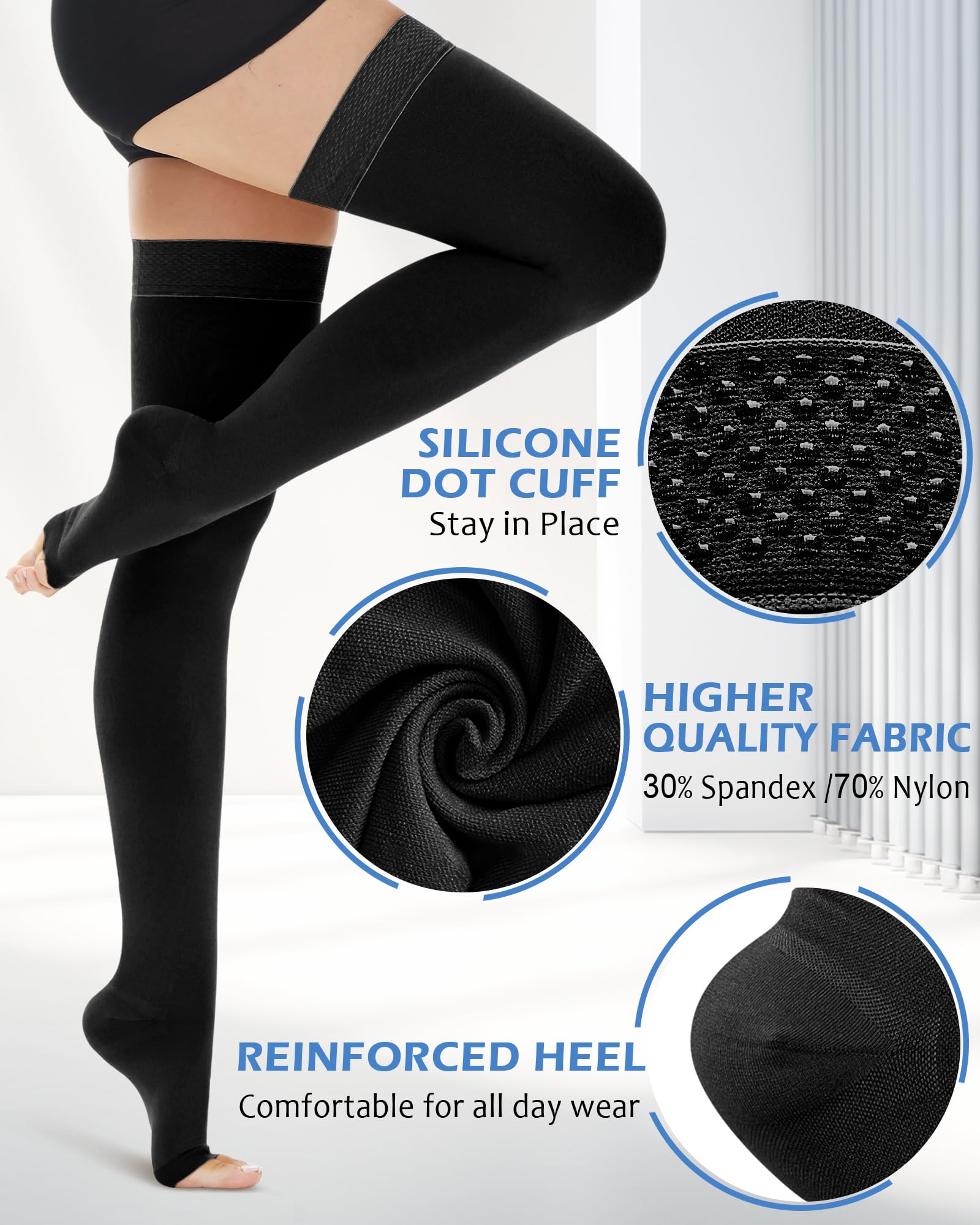 Ailaka Bas de Compression Médicale 20-30mmHg à Bout Ouvert Femme & Homme, Longs jusqu'en Haut de la Cuisse, Bande de Silicone Antidérapante, Soulagement Varices, Œdème, Jambes Lourdes
