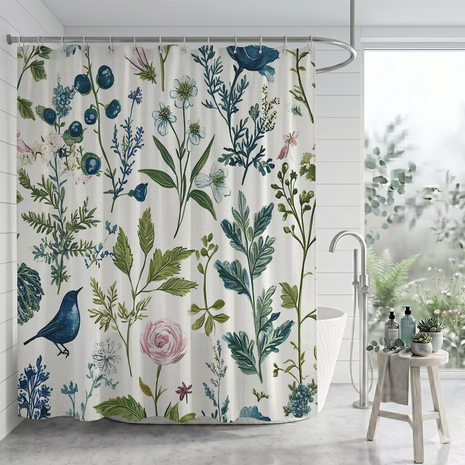 Duschvorhang 300 x 200 cm Stoff für Badezimmer & Badewanne, Wasserabweisend Duschvorhänge mit Beschwerter Saum & Bleiband, Blickdicht Textil Vorhang Polyester Waschbar inkl Ringe (Vogel Blume), Q-o900