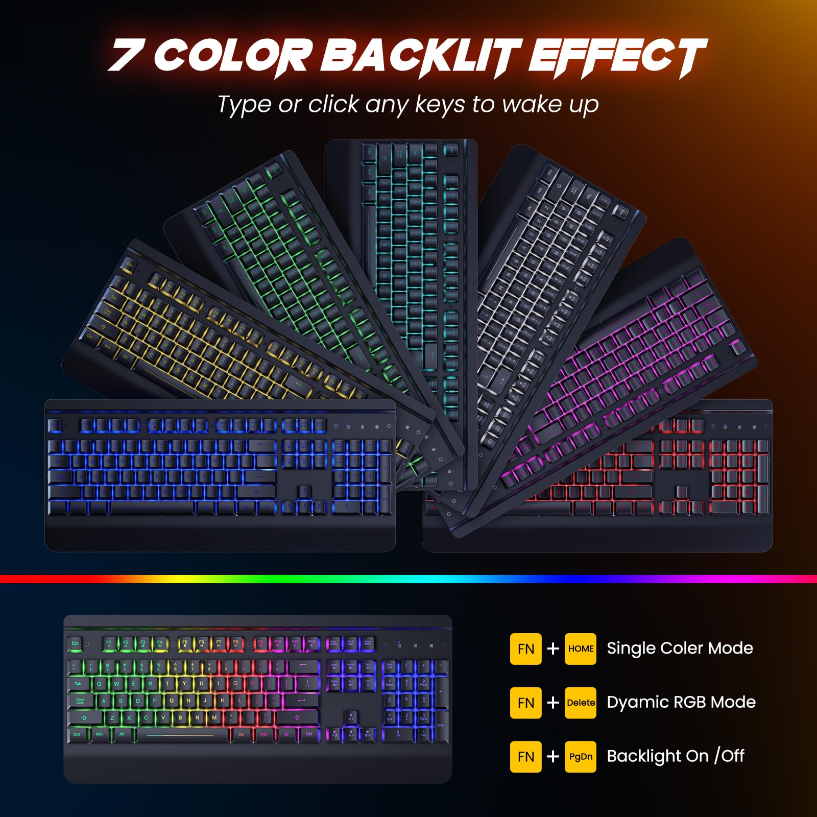 RisoPhy Tastiera e mouse wireless da gioco, pannello in metallo, retroilluminazione a 7 colori, batteria ricaricabile da 3200 mAh, poggiapolsi, modalità sleep, tastiera illuminata + mouse da gioco 7D