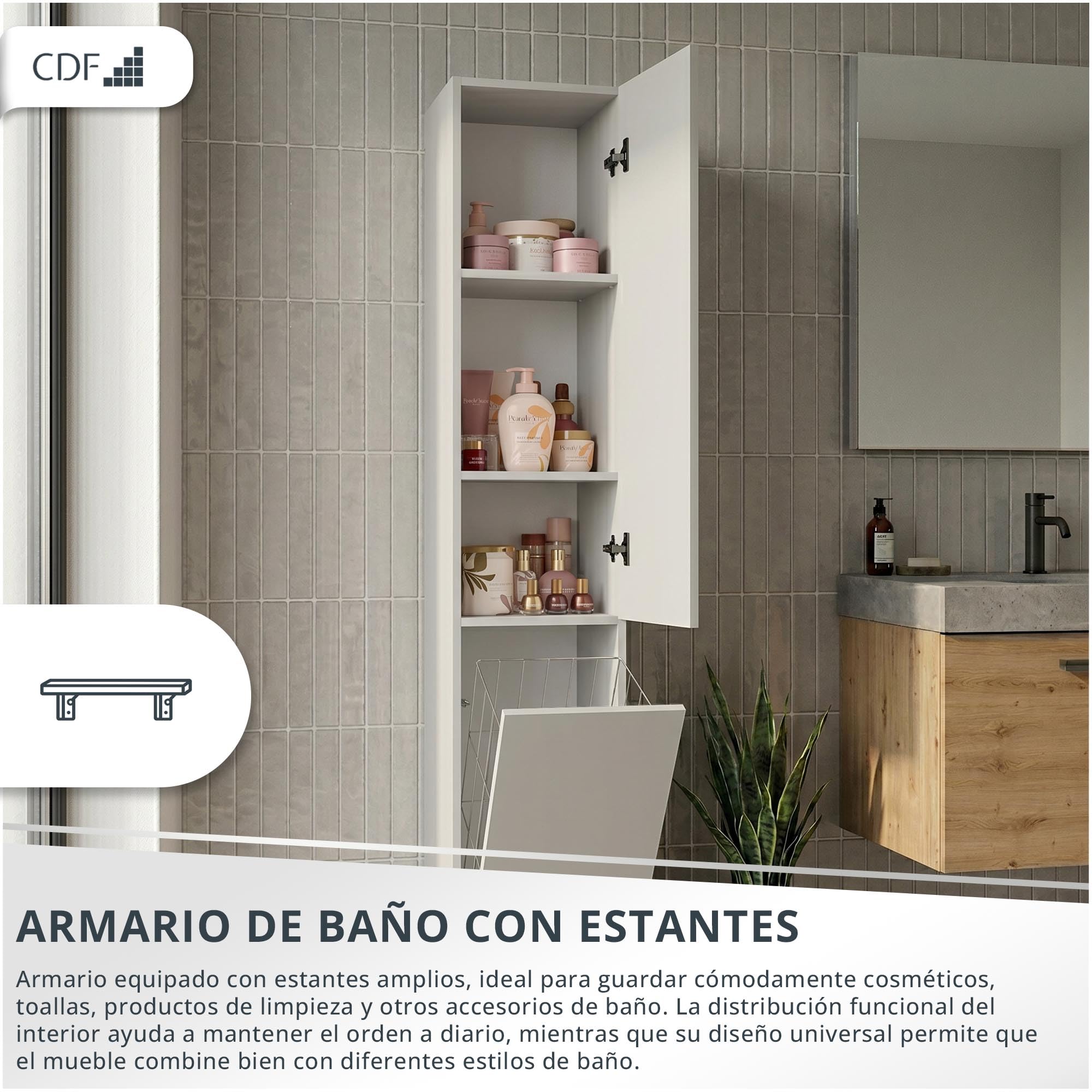 CDF Mueble de Baño y Lavandería, Columna de Baño Estrecho, Armario Alto con Cesto para la Ropa, Armario Que Ahorra Espacio Salón, Pasillo, Aseo Cachemira (Beige), Ancho 31 cm, 30x31x174 cm