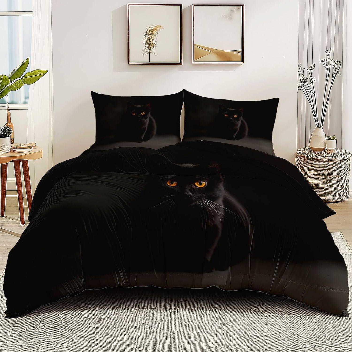 Duvet Cover 2 Pcs Set Animals Black Cat Photography Pattern Duvet Covers for Kids Boys Girls Twin Decorative Breathable Bed Cover Black Reversible Bedding Set