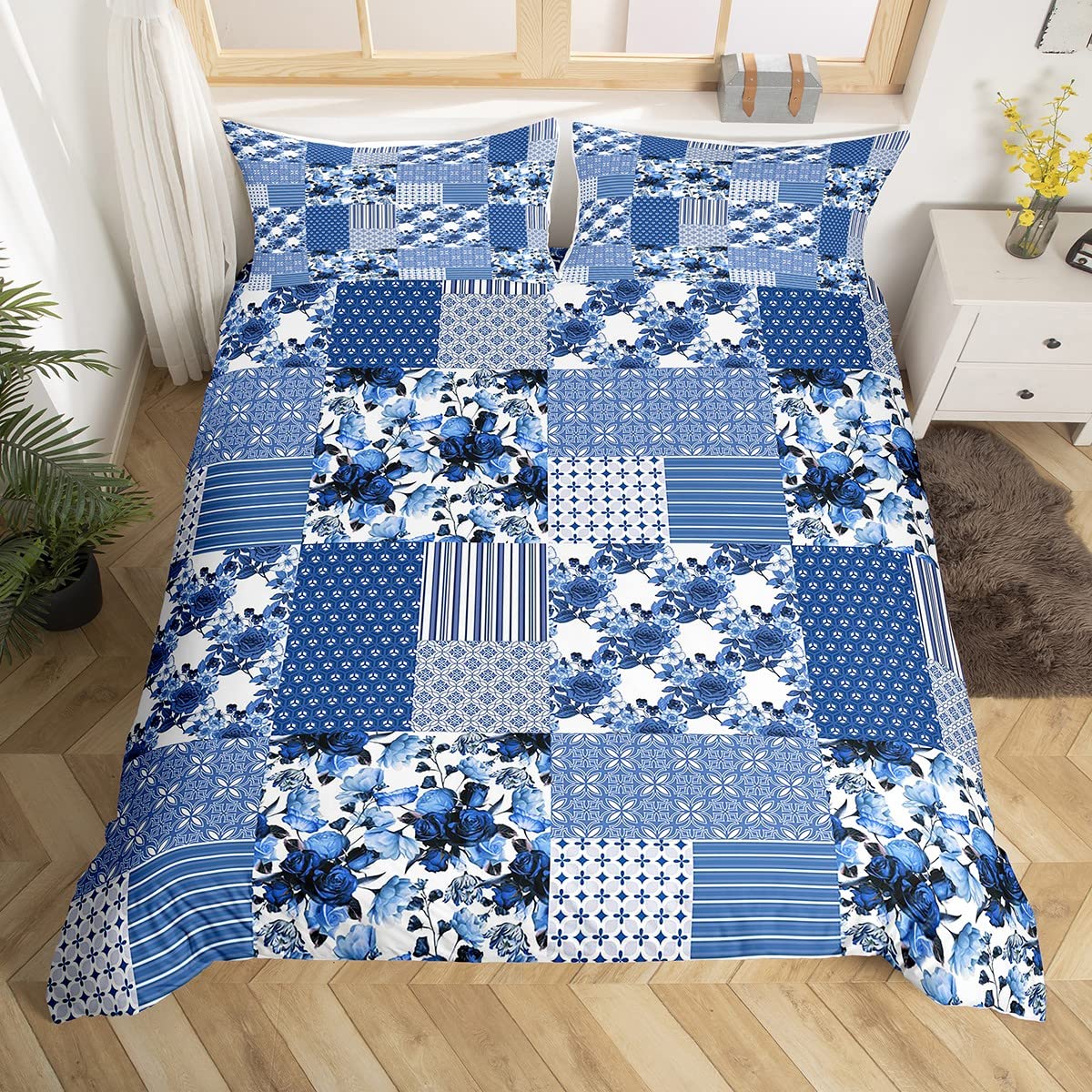 Set di biancheria da letto in 100% cotone a righe vintage, per letto king size, 3 pezzi, motivo patchwork astratto, per bambini, adolescenti, adulti, retrò, foglie, piante, decorazione, semplice