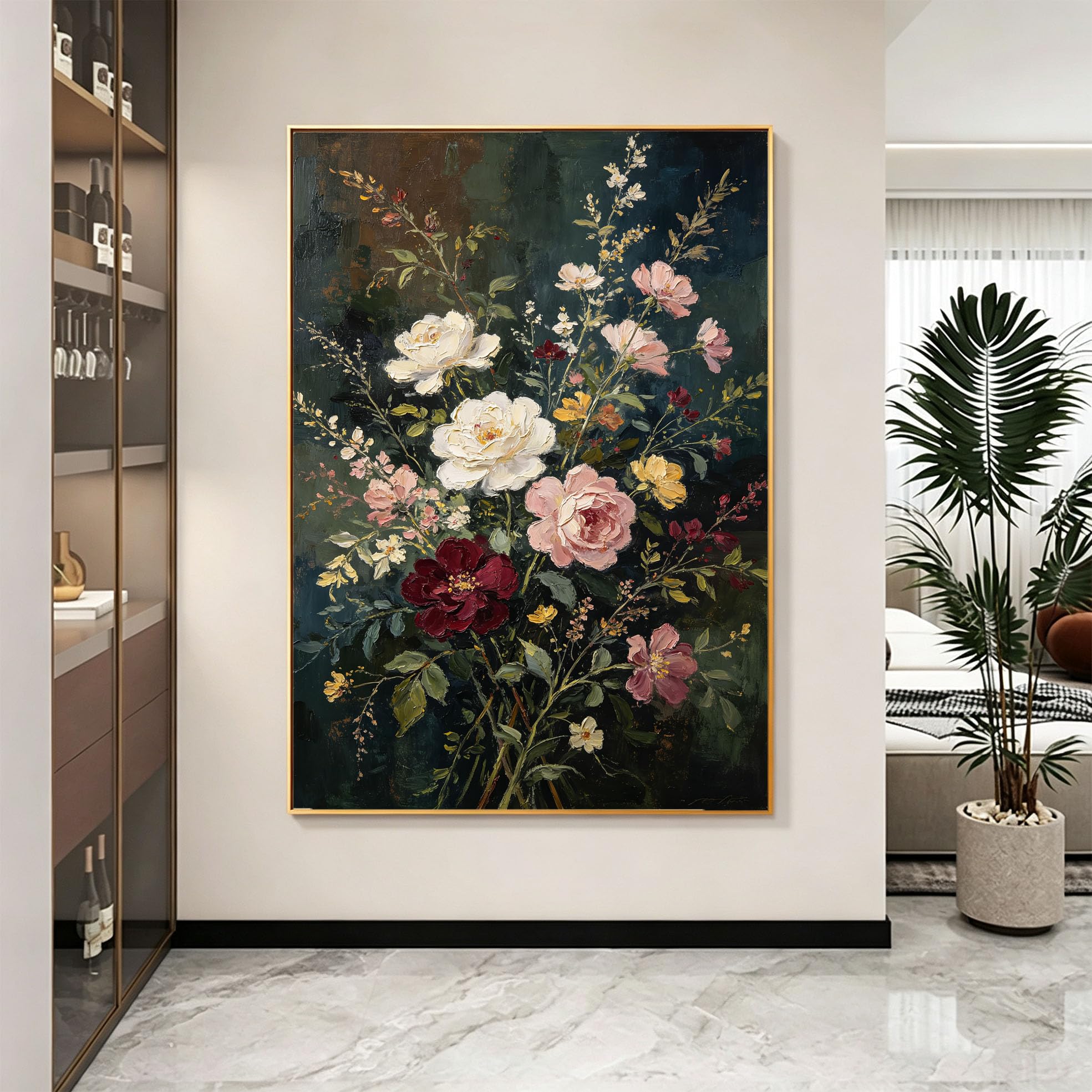 Modernes, 100% Handgemaltes Ölgemälde Mit Dunklen Blumen Auf Leinwand, Rahmenloses Abstraktes Blumenmotiv Für Wohnzimmer Und Heimdekoration, 120 X 200 Cm (47,2 X 78,7 Zoll)