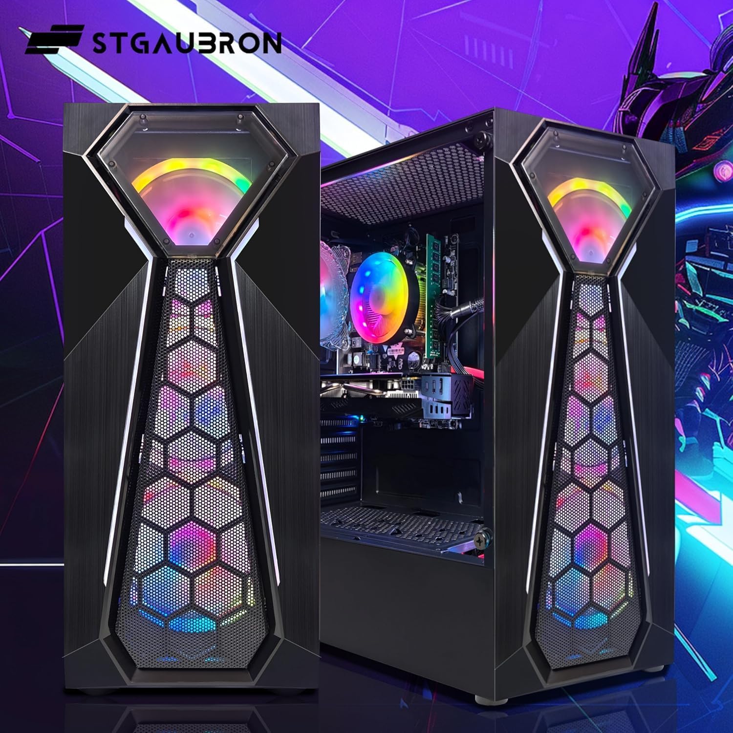 STGAubron Gaming PC Desktop Computer, Intel Core i5-9400F up to 4.1GHz, Radeon RX 580 16G, 16G DDR4, 512G SSD, 600M WiFi, BT 5.0, RGB Fan x4, Windows 11 Home