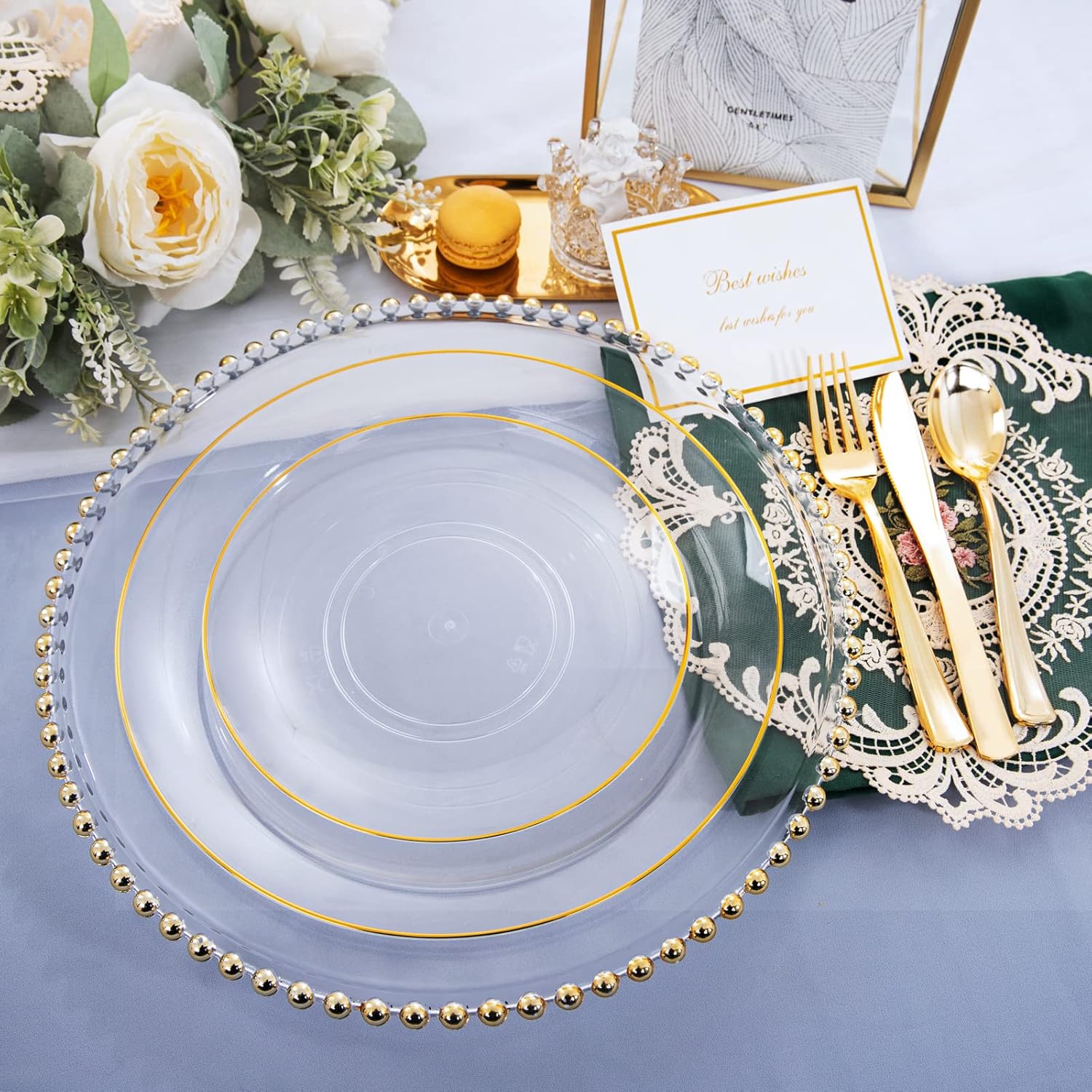 Nervure 125PCS Clear Gold Plastic Plates Clear Plastic Plates with Gold Rim 100PCS White and Gold Paper Napkins Disposable Napkins for Wedding & Parties