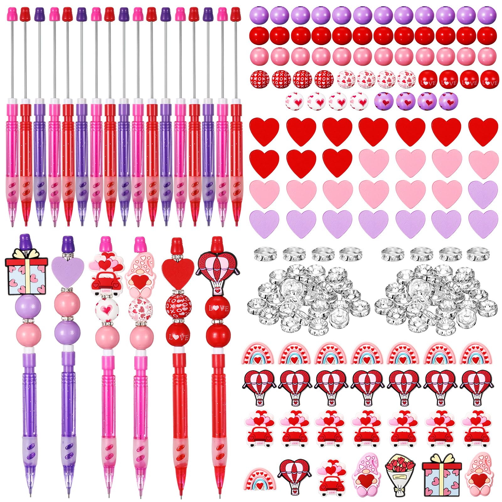Fullhawl Kit de 224 lápices con cuentas para el día de San Valentín, 28 juegos de lápices con cuentas rosas, bolsas de lápices de cuentas para regalos del día de San Valentín, suministros de oficina