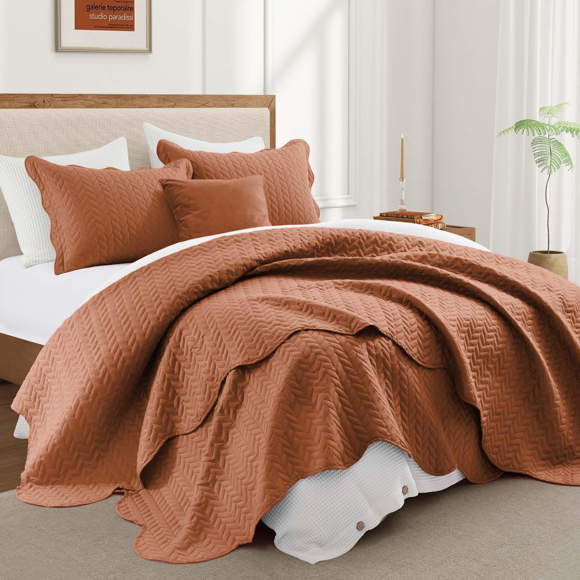 California King Quilt Set Bedspread Bedding Leaf Rust 118x106