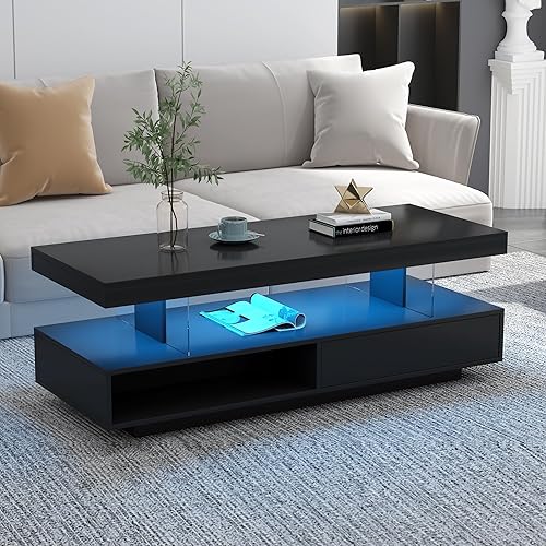 Mesa de centro moderna LED con cajones de almacenamiento y estantes de exhibición de 2 capas, mesa central rectangular de 51 pulgadas, mesa de