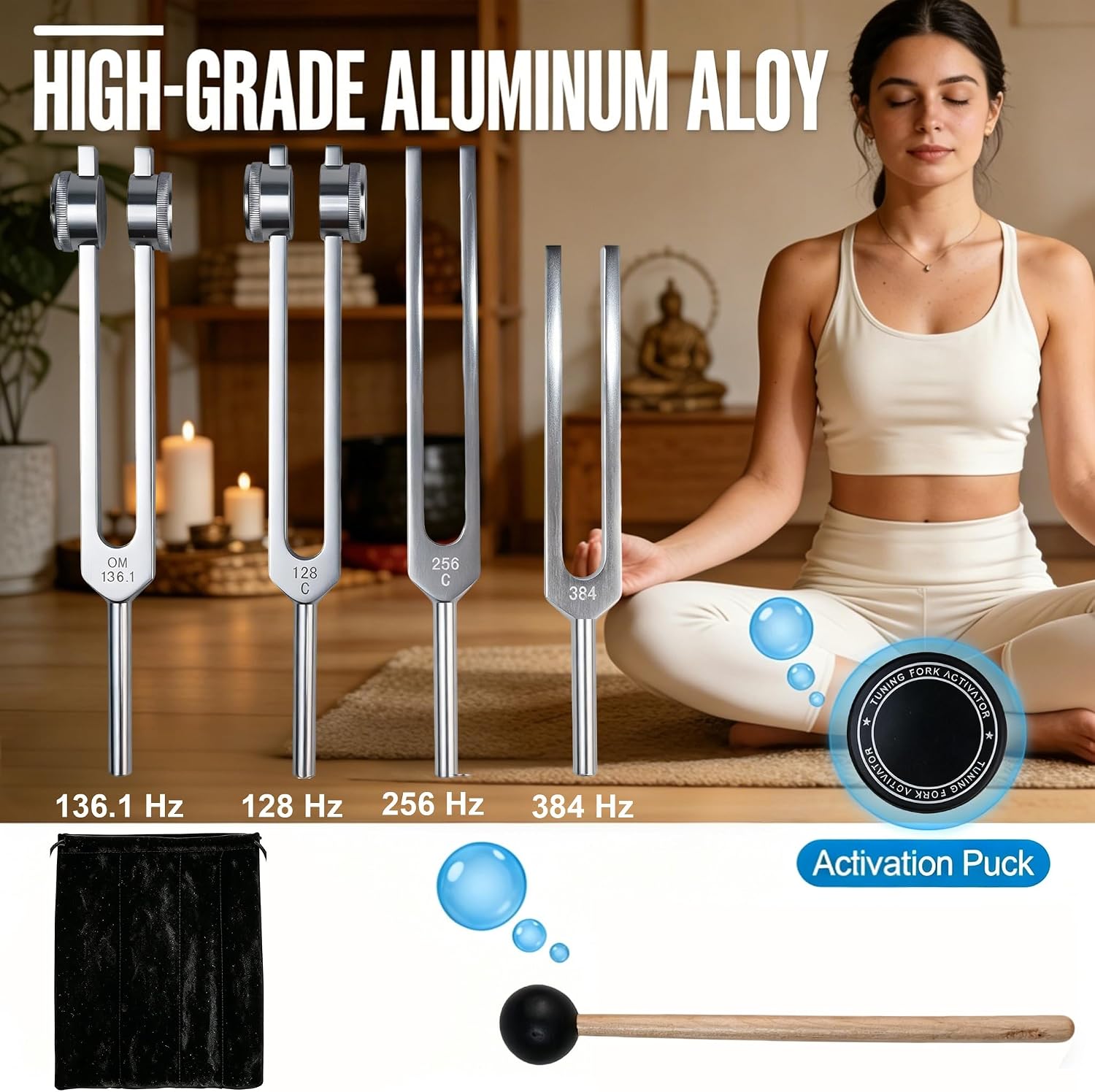 LeSage Tuning Forks for Healing Set -128Hz, 136.1Hz, 256Hz, 384Hz with Mallet, Hex Wrench, Activator, Carrying Pouch & Cleaning Cloth for Chakra Balancing, Meditation, Yoga, Body Therapy