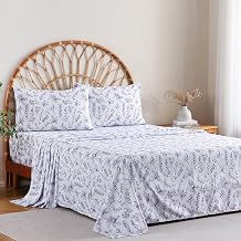 MCO 100% Cotton Sheet Set Floral Printed, 300 Thread Count Cotton Queen Sheet Set, 16" Deep Pocket, Breathable Cooling Sheets 4 Pieces Queen, Blue Floral
