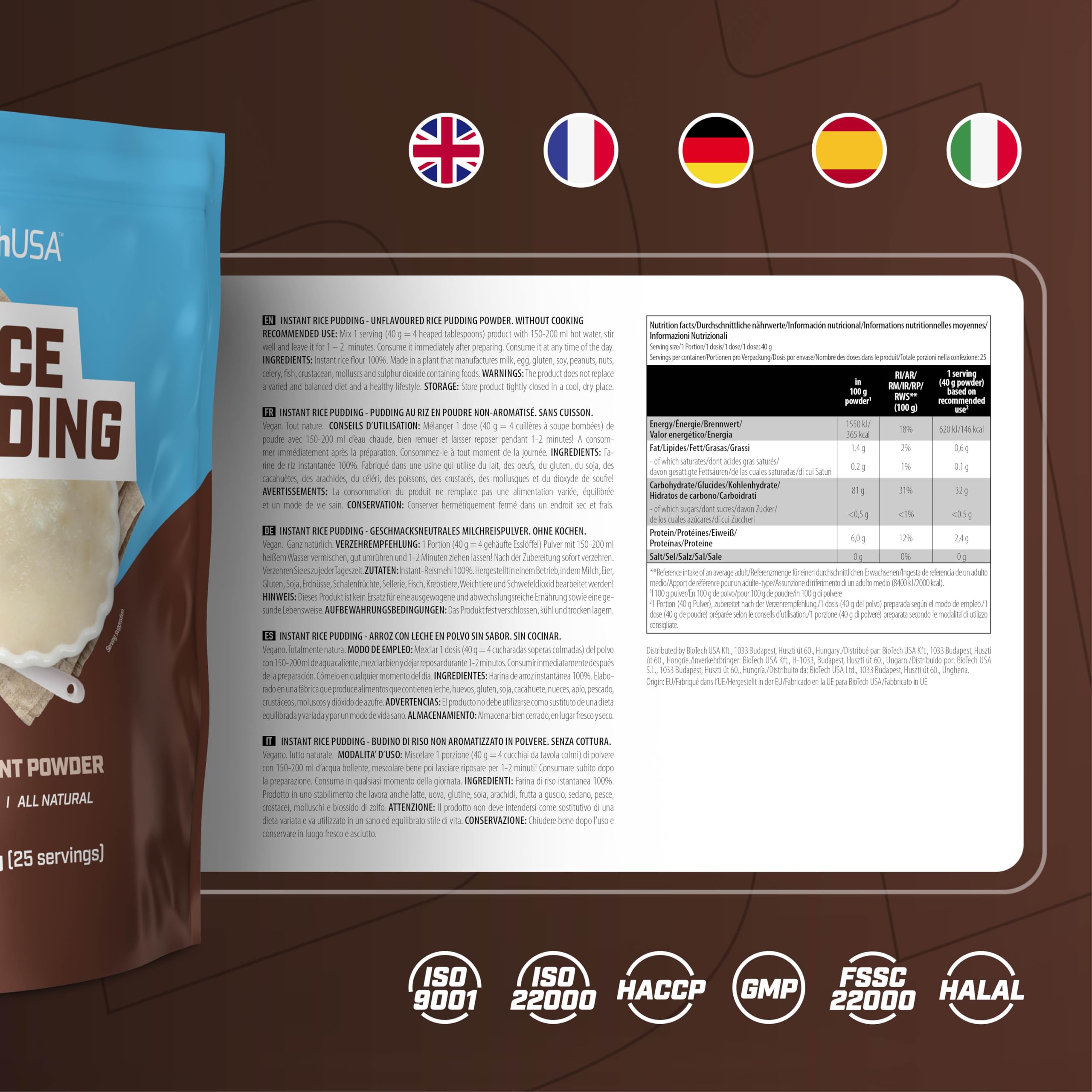 BioTechUSA Rice Pudding | Budino di riso istantaneo in polvere | vegano | tutto naturale, 3000 g, Non aromatizzato