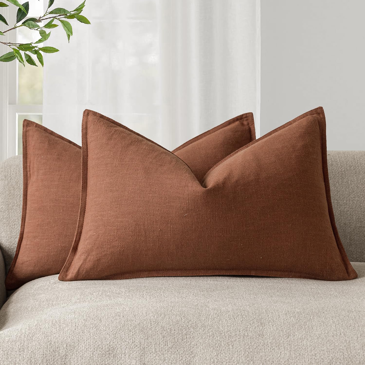 Foindtower Pack of 2, Decorative Linen Soild Throw Pillow Covers Accent Lumbar Cushion Case Boho Farmhouse Pillowcase for Chair Couch Sofa Bedroom Living Room Home Decor 12 x 20 Inch Fall Rust Orange — image 1