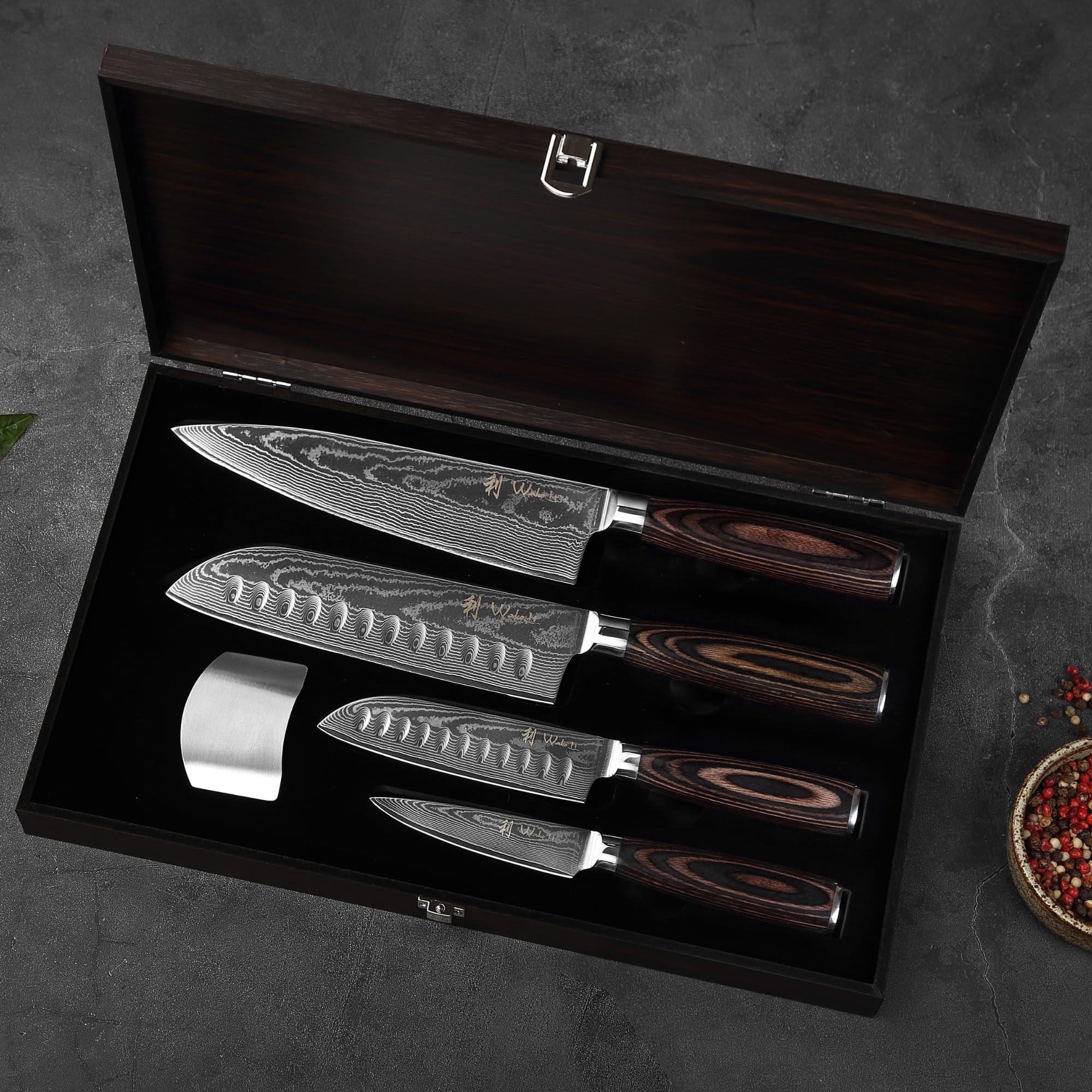 Wakoli EDIB Essentials Set de 4 couteaux en Damas acier damassé 67 couches noyau VG10 manches bois pakka cuisine professionnels