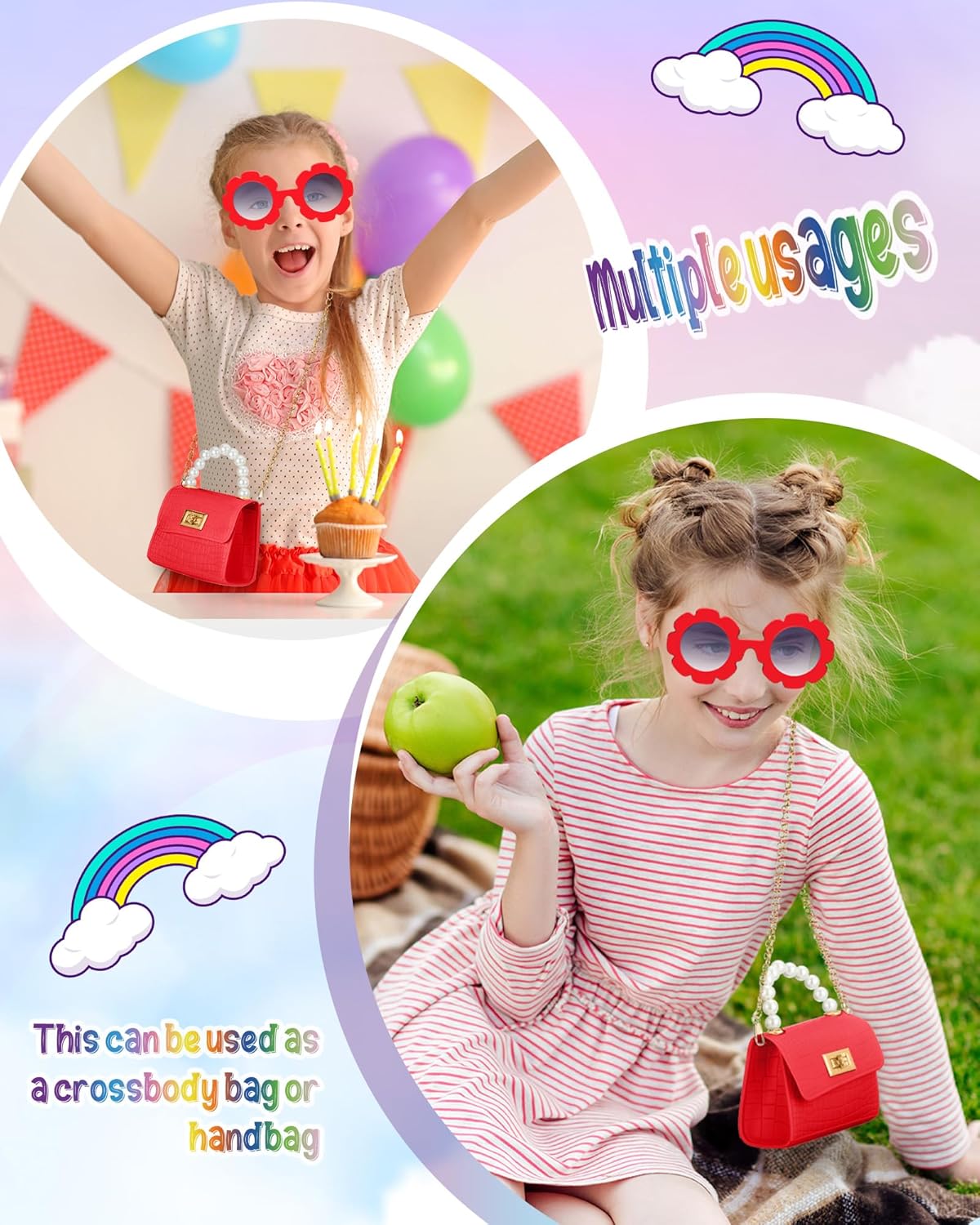 Miniatura 5 de Cunno Monedero para niños pequeños para niñas pequeñas, lindo bolso cruzado de princesa con solapa para niños con gafas de sol redondas de flores