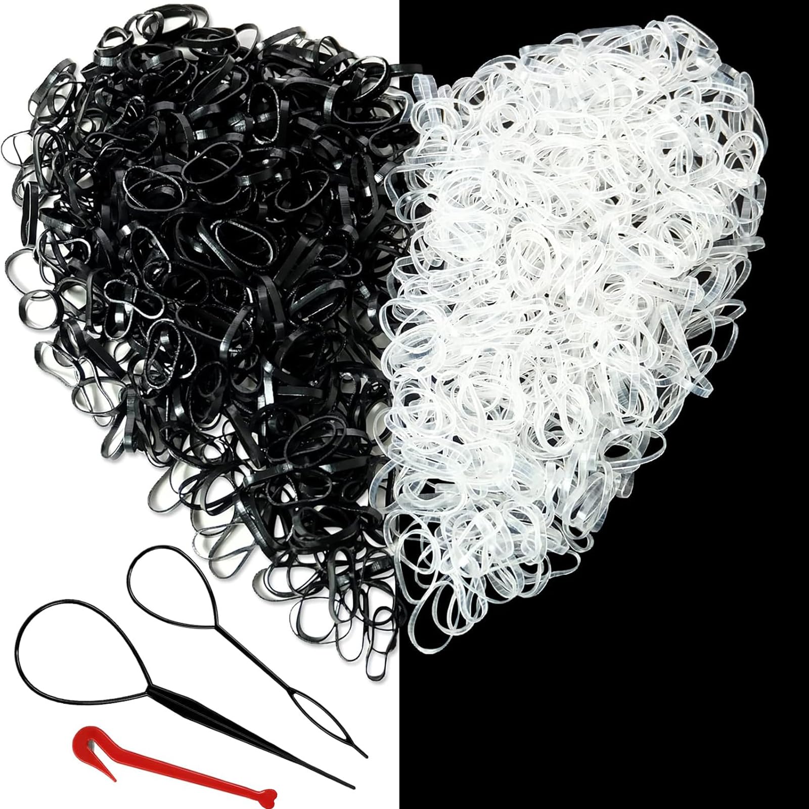 Hair Bands, 1000 Pcs Hair Elastic Bands, Black and Clear Small Hair Bands, Small Elastic Bands for Hair, for Kids Hair Braiding,Wedding Hairstyle, With Band Removal Hook+2 Hair Braid Tools